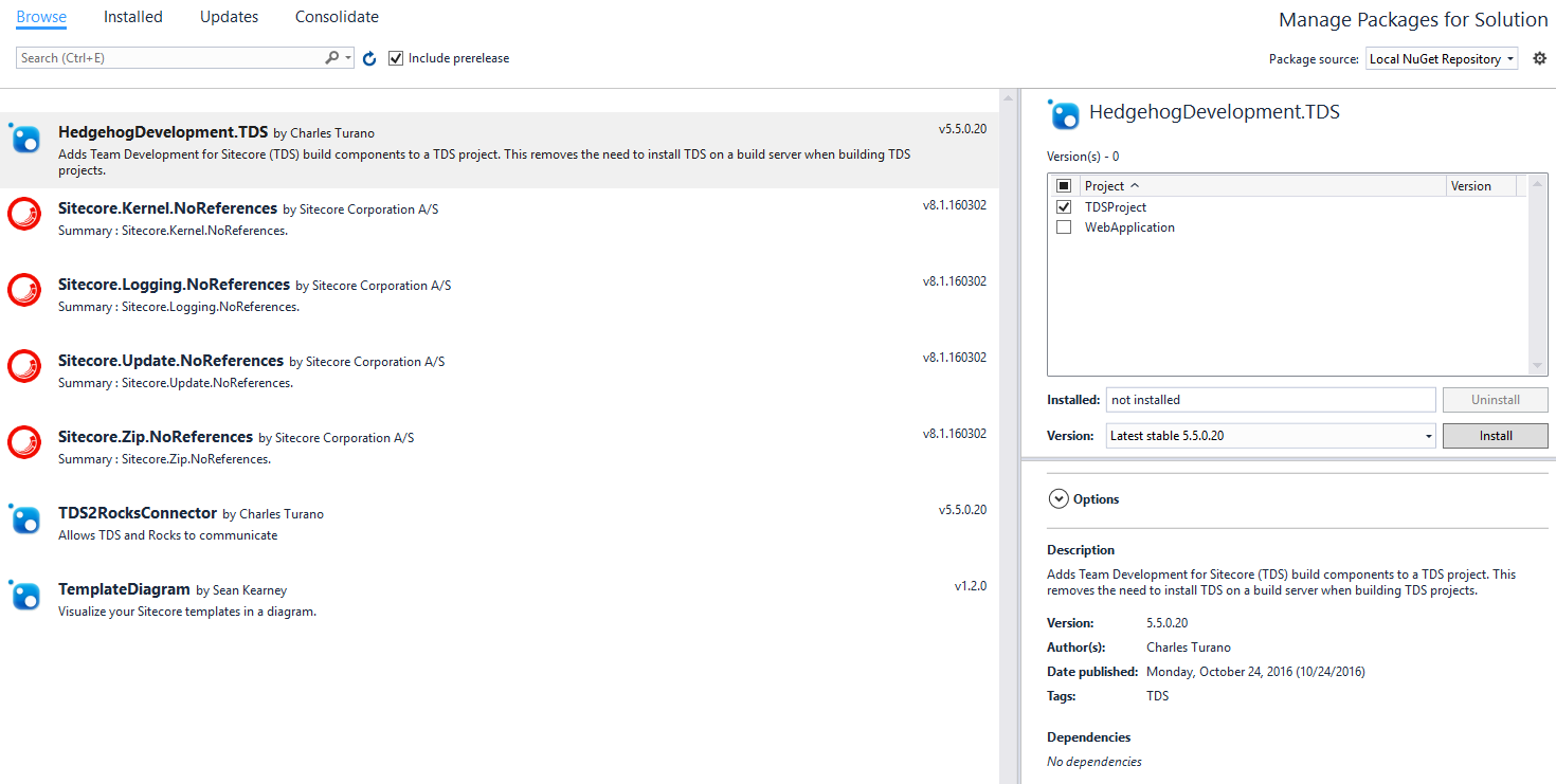 Install NuGet package on each TDS Classic project